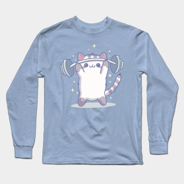 Kawaii Cat Weightlifting Long Sleeve T-Shirt by Feline Emporium